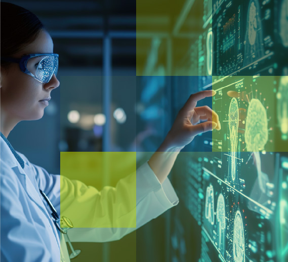 Female scientist wearing protective eyewear interacting with a transparent digital screen displaying anatomical brain and body data, symbolizing innovation in healthcare AI — used for Hogan Lovells case study.