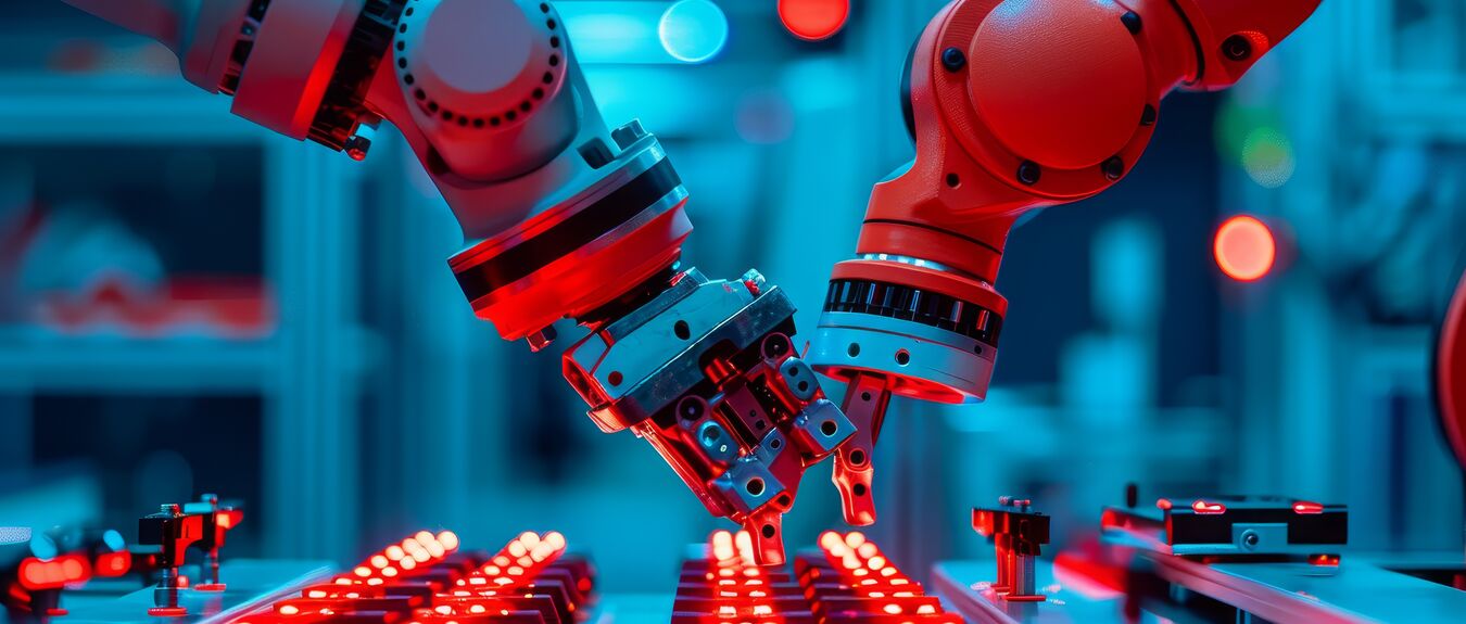 This close-up captures the essence of modern manufacturing, showcasing two robotic arms working in unison on an assembly line. The sleek, metallic arms are highlighted by the red lights of the work surface and the blue hue of the factory's backdrop. The image conveys a sense of precision, efficiency, and the advancement of automation in industrial settings. It is a powerful visual representation of the future of manufacturing, highlighting the role of robotics in modern production processes. The image is suitable for use in presentations, articles, and marketing materials related to robotics, automation, manufacturing, and technology.