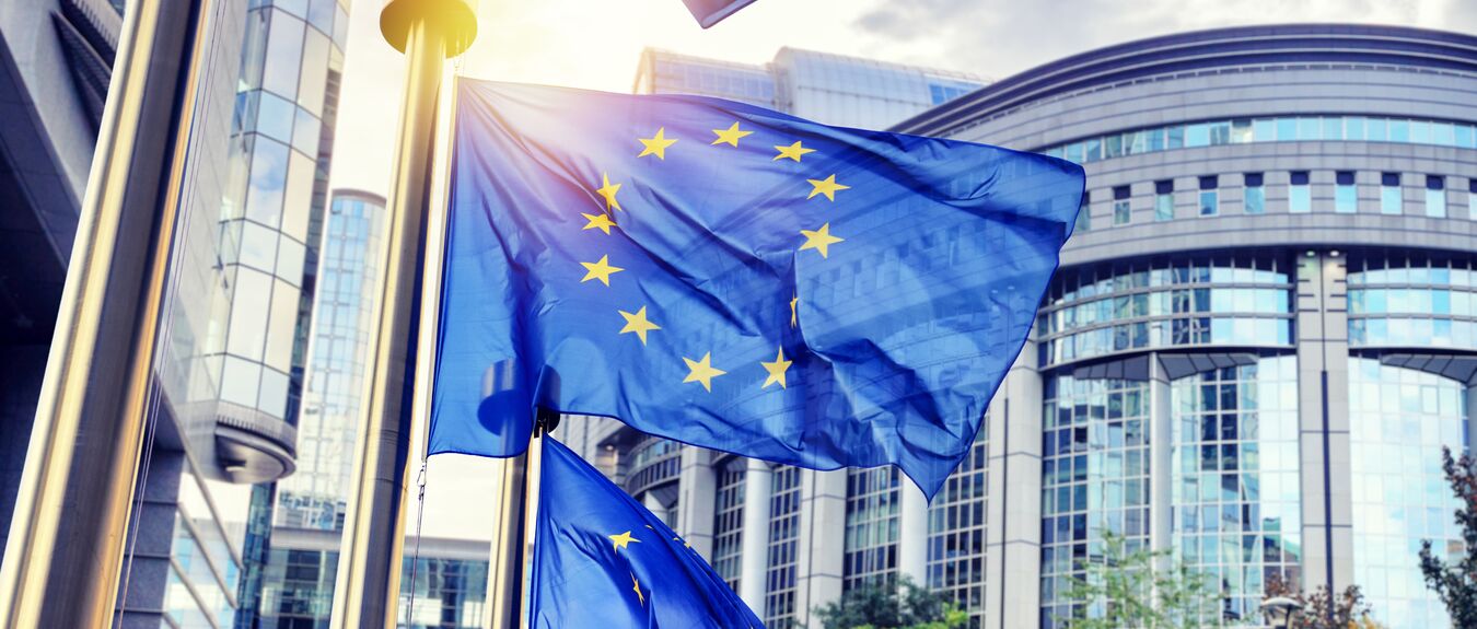 EU flags waving in front of European Parliament building. Brussels, Belgium.
